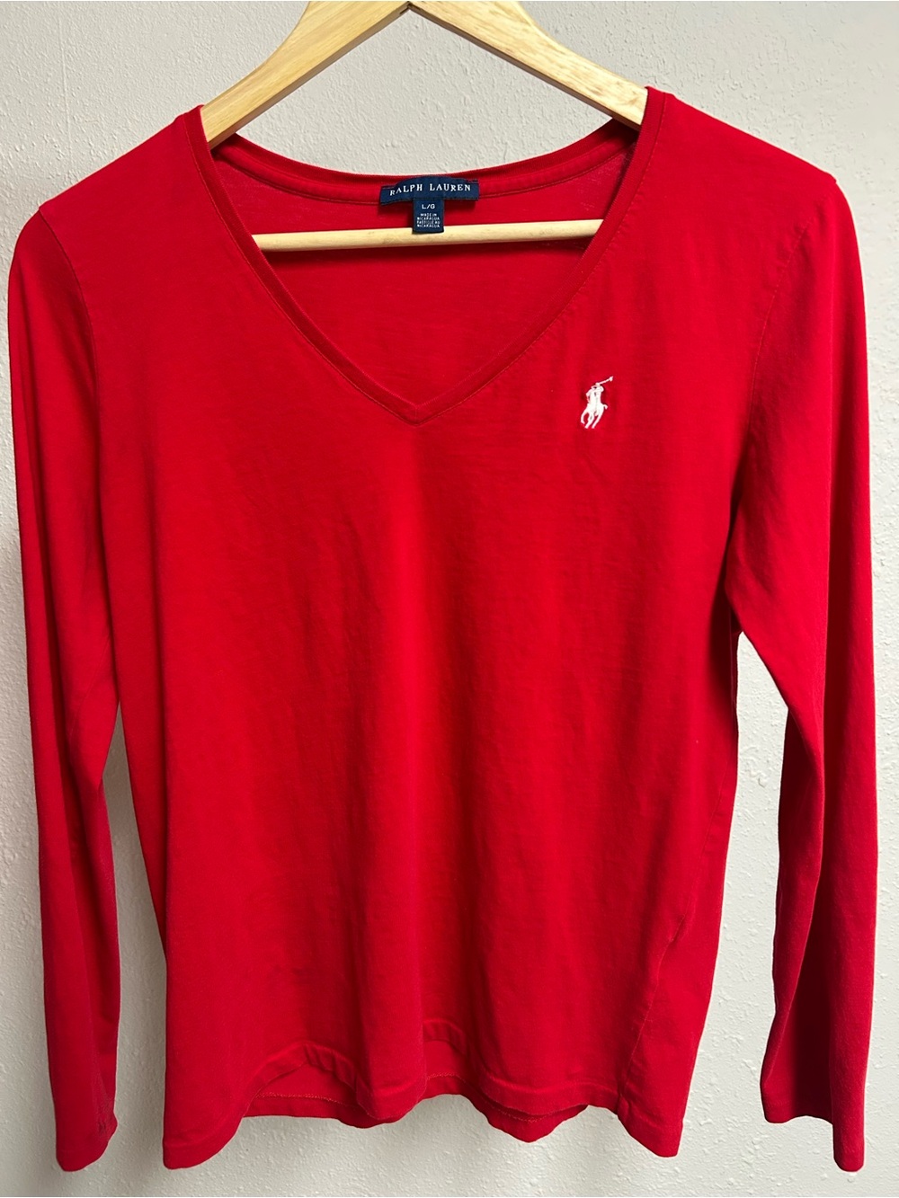 Ralph Lauren Red Long Sleeve V Neck T Shirt Top L